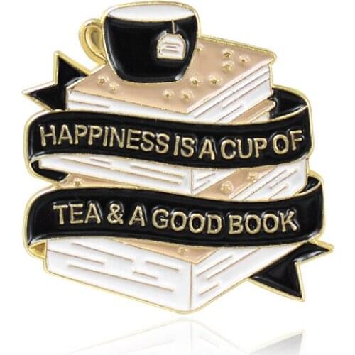 Fashion Enamel Happiness Brooch Leisure Reading Book Label A Cup of Tea Creative Emblem Jewelry Trendy Wild Badge Pins