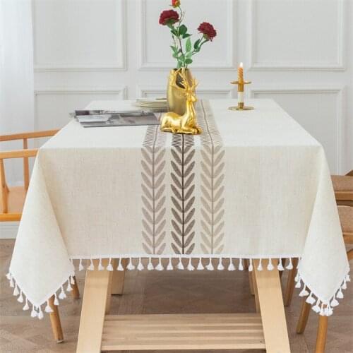 Cotton Linen Tablecloth Embroidered Leaf Rectangular Dinner Table Colth Tassel For Party Wedding Banquet