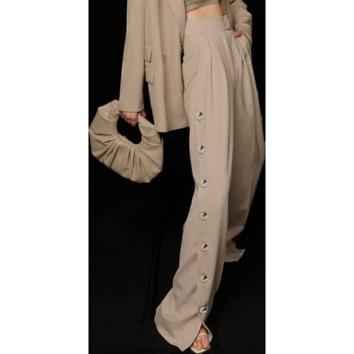 2021 Summer Design Sense High Waist Button Slit Mopping Trousers Women European And American Street Fashion Loose Wide-Leg Pants