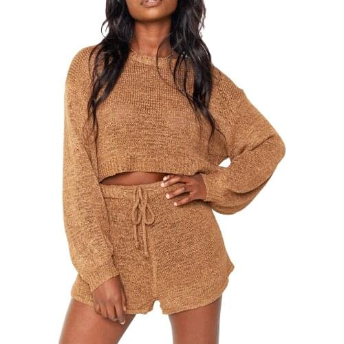 2021Women Solid Color Outfits, Adults Long Sleeve Round Neck Crop Tops + Shorts with Drawstring for Shopping Dating Office