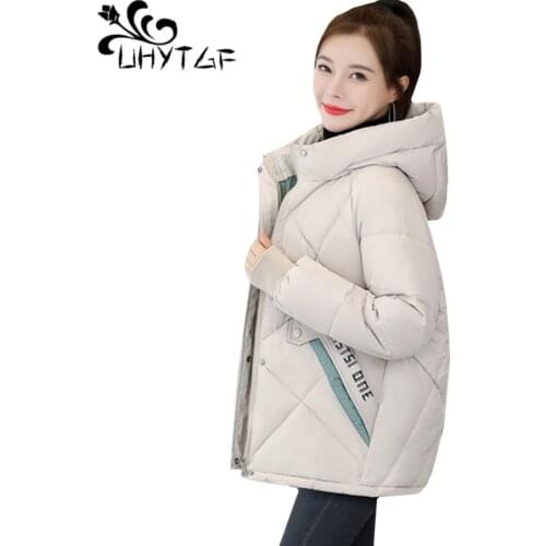 UHYTGF Woman parkas hooded student winter jackets warm female down jacket casual short tops outerwear loose plus size coats 1019
