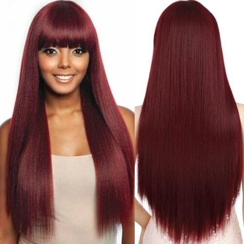 AZQUEEN Long Straight Wine Red Wig With Bangs Synthetic Wigs For Women Heat Resistant Wigs 30 inches Dairy Use Cosplay Wig