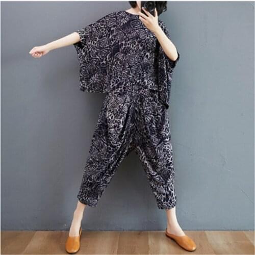 Loose Leopard Print Fashion Suit Women Round Neck Irregular T-Shirt + Elastic Waist Cropped Trousers Casual Two-Piece Female 336