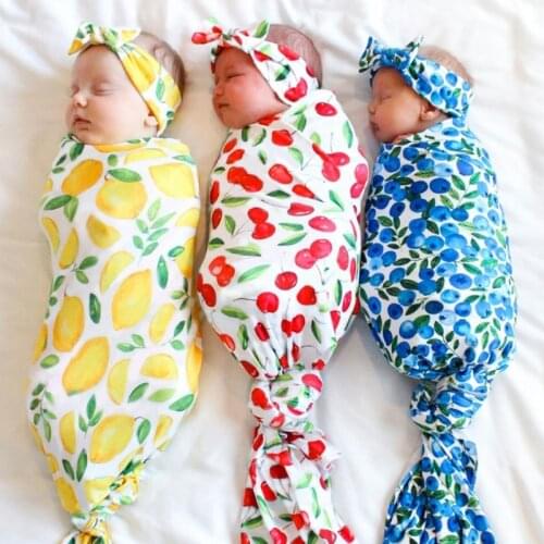 2 Pcs/Set Newborn Baby Receiving Blanket Headband Set Infant Fruit Printed Swaddle Wrap Sleeping Bag Hair Band Kit