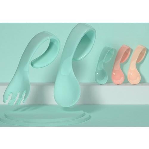 2Pcs Baby Tableware Set Kids Self Feeding Spoon And Fork Curved Handle Auxiliary Food Toddler Learn To Eat Training Dinnerware