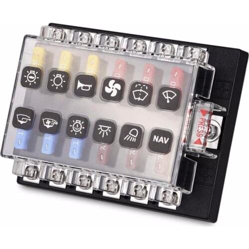 12-Way Blade Fuse Box Standard Circuit Fuse Holder Box Block DC 12-32V with Waterproof Protection Cover for Car Boat Marine