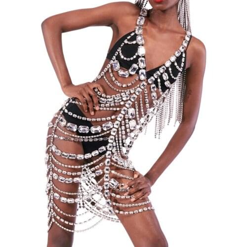 Ins Fashion Individual Exaggerated Big Crystal Long Dress Body Chain Costume Rhinestone Lingerie Chain Women Ladies Rave Outfits