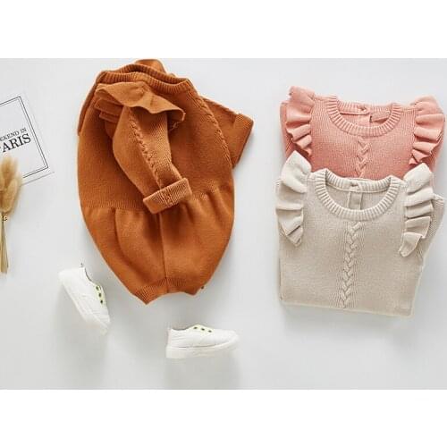 0-24M newborn baby sweater autumn winter ruffles lace sleeve toddler girls romper warm cotton knitted pajamas children costumes