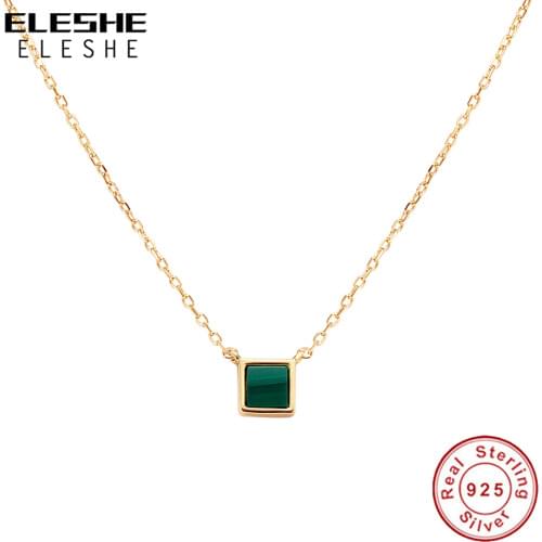ELESHE 100% 925 Sterling Silver Necklace with 18K Gold Plated Green Square Pendant Necklace for Women Temperament Chain Jewelry