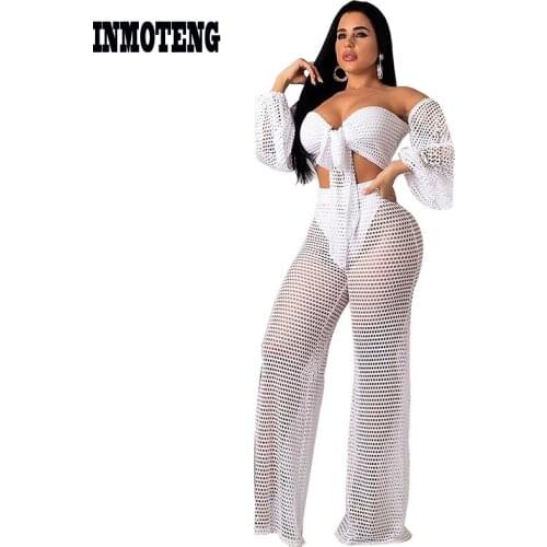 INMOTENG Sexy Mesh Beach 2 Piece Set Women Off Shoulder Bandage Wide Leg Pants Hollow Out Fashion Loose Beach Two Piece Set