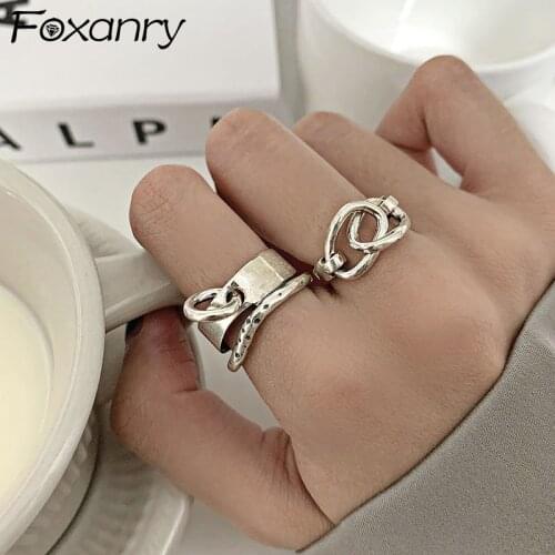 Foxanry Minimalist 925 Sterling Silver Rings Fashion Simple Hollow Geometric Vintage Handmade Birthday Party Party Jewelry Gifts