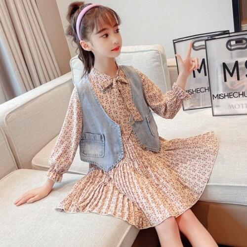 Girls Sets 2021 Fall New Pink Floral Dress And Denim Vest 2Piece Suits Children Outfits Clothing4 6 8 10 12 14Year
