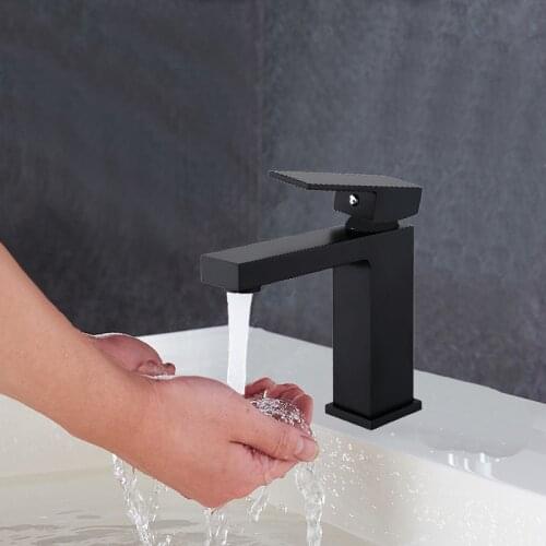 Matte black Square Bathroom sink Faucet Solid Brass Basin Faucet Cold and Hot Water Mixer Single Handle Tap
