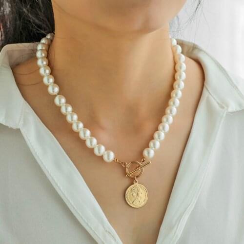 Necklaces for women Pearl Choker Necklace Women Metal Coin Portrait Pendant Clavicle Chain Street collares Jewelry Gifts цепочка