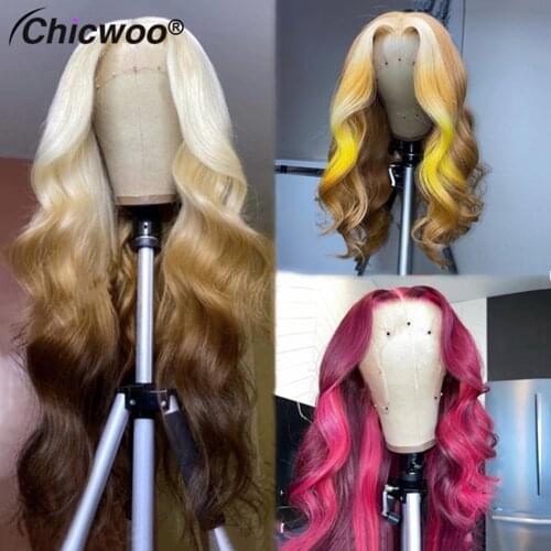 Pink Highlight Wig Human Hair Brazilian 613 Colored Yellow Body Wave Brown Wig Lace Front Human Hair Wig 4x4 Lace Closure Wig