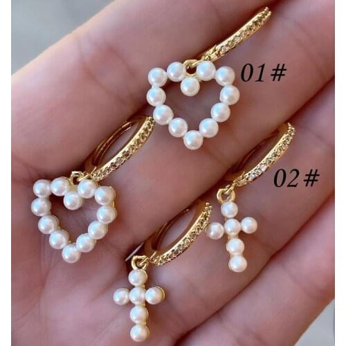 5 Pairs, Women Cross Mother of Pearl Earrings Golden Heart Cross Pearl Shell Jewelry CZ Circle Hoop For Girls