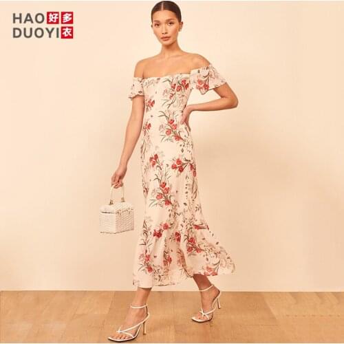 New French Off Shoulder Sweetheart Neckline Print Ruffle Sleeve Hem Mid Length Dress