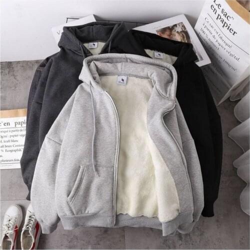 QRWR 2020 Winter New Korean Women Hoodie Casual Fleece Thick Womens Sweatshirt Fashion Solid Color Loose Zip Up Hoodie