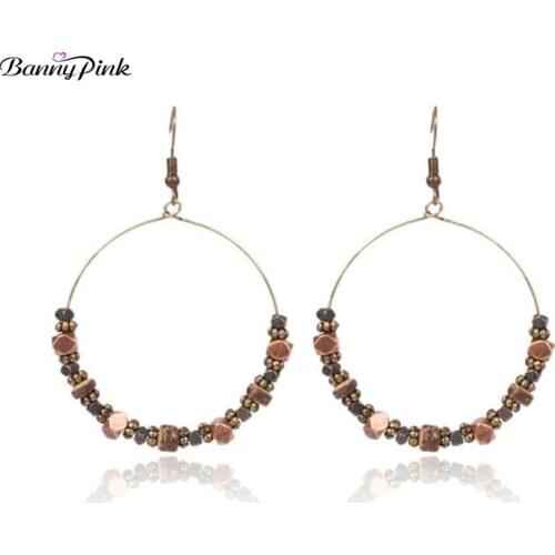 Banny Pink Ethnic Geo Beads Statement Dangle Earrings For Women Bohemia Hoop Pendant Earrings Vintage Charms Drop Earring Bijoux