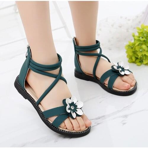 Cute Flower Roman Shoes Girl Sandals Summer Shoes Pink Green Pearl Beading Open-toe Kids Girls Beach Sandals Kids Shoes