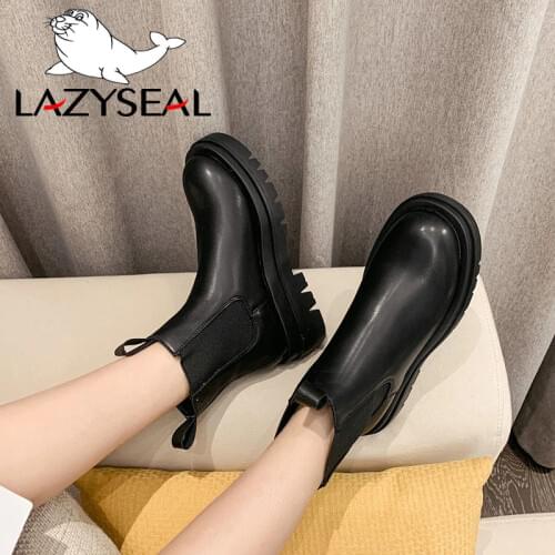 LazySeal Boots Women Shoes Big Size 35-43 Pu Leather Fashion Shoe Platform Sole Boot Antiskid Fashion Platform Boot