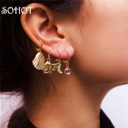 SOHOT Boho Shell Flowers Cross Pendant Hoop Earrings European Brand Popular Charming Gold Silver Color Beach Brincos accessory