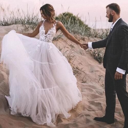 Chic A-Line V Neck See Through Floor Length Nude/Champagne Wedding Dress Spaghetti Straps Outdoor Bridal Gowns