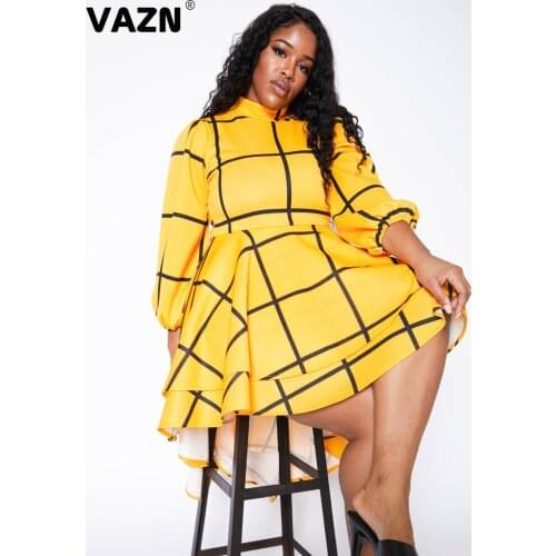 VAZN 2020 Top Quality Plus Size Sexy Mature Office Sweet Designer Turtleneck Full Sleeve High Waist Women A-Line Midi Dress