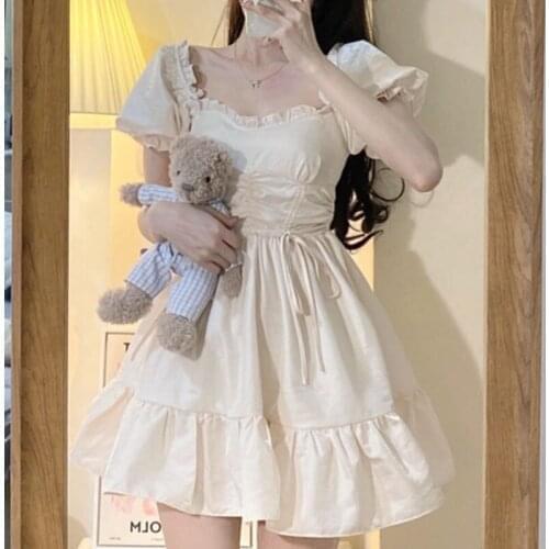 Japanese Korean Kawaii Dress Women Summer High Waist Puff Sleeve Princess Dress Sweet Ruffles Female Soft Girl Lolita Dress Lady