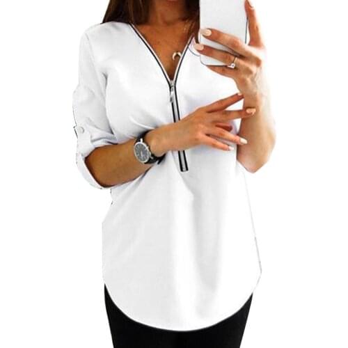 Spring Autumn Women Casual Solid Color Long Sleeve Shirt Zipper Loose Blouse