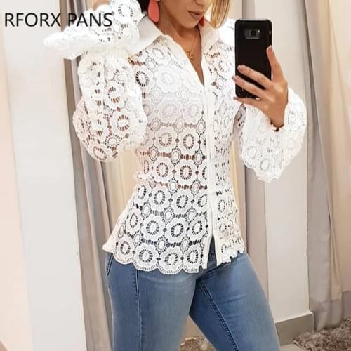 Women Ruffled Lace Guipure Lace Hollow Out Bell Sleeve Shirt Women Blouse