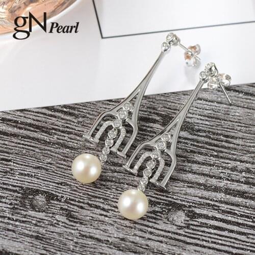 GN Pearl Eiffel Tower Design 925 Silver Drop Earring Zircon gNPearl Real Freshwater Round Pearl Stud Earrings Jewelry for Women