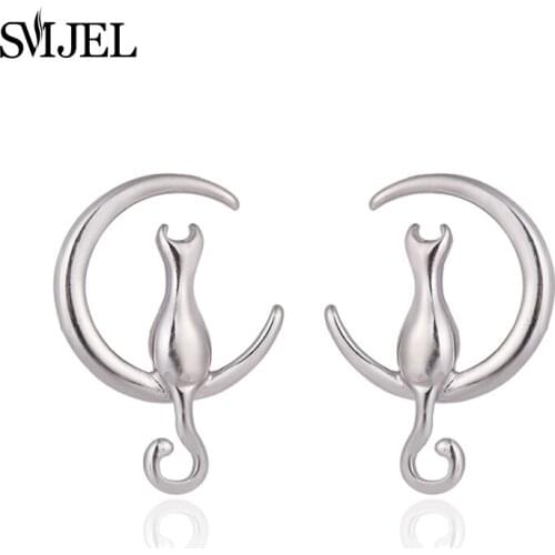 SMJEL New Fashion Cute Kitty Earings Animal Cat Stand Moon Stud Earrings for Women Brinco oorbellen Birthday Gifts SYED079
