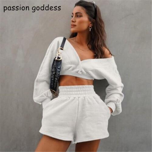 2021 Suit Spring Autumn Women Street Sexy Cotton Two Piece Set Outfits Long Sleeve Sweatshirts Crop Top+Shorts Suit 2 Tracksuits