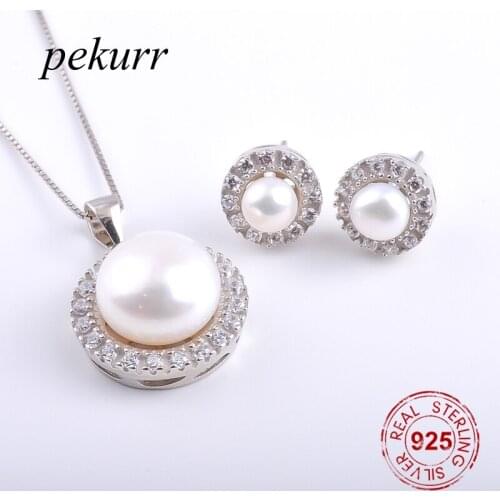 Pekurr 925 Sterling Silver Crystal Flower Wreath Freshwater Natural Pearl Earrings Necklace Sets For Women Round Hoop Pendants