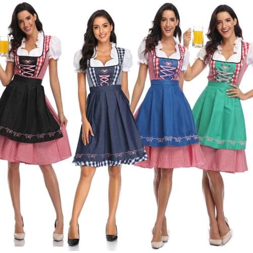 Women Bavaria Oktoberfest Costume Dirndl Beer Girl Wench Maid Outfit Dress Apron Fancy Dress