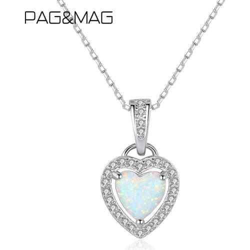 PAG&MAG White Opal Heart Shape Pendant Necklace Sterling Silver 925 Necklace For Women Jewelry Colgantes Mujer Moda SN0373