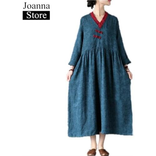 Spring New Chinese Style Flax Stitching Printing Long Dress Women V-Neck Long Sleeve Vintage Loose Dresses Red Plus Size Clothes