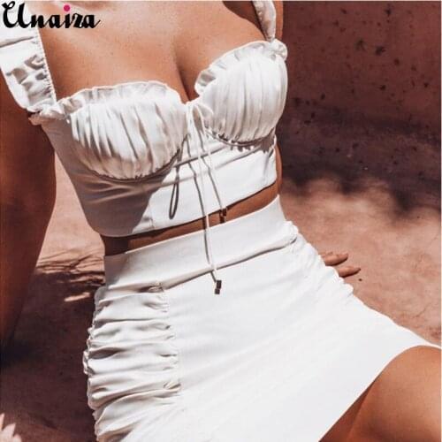 Unaiza Women Sleeveless Crop Top And Skirt Suit Sexy Dress 2020 New Fashion Slim-Fit Front Lace-Up Square Neck Pleated Dress