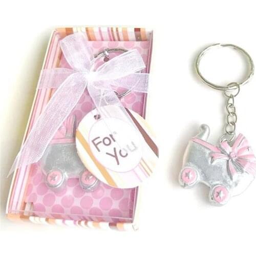 10PCS/LOT Pink/Blue Baby Carriage Design Key Chains Birth Christening Gift Keychain Favor Baby Shower Favors Souvenir