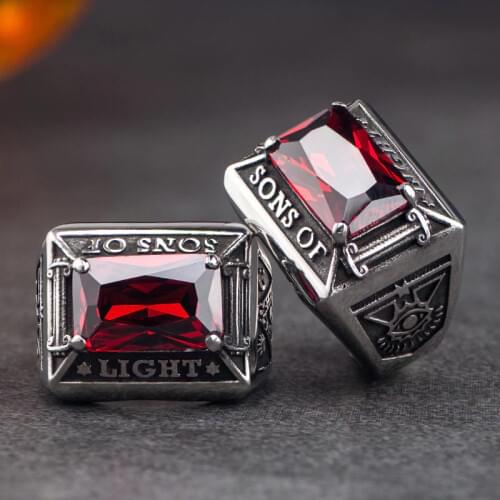 Free Mason with red Zircon Ring For Men High quality Four Prongs Setting Stainless steel Index Ring Jewelry mygrillz