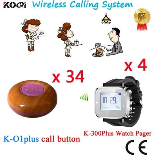 Wireless Waiter Calling System Bowling Alley Equipment 4 Watch K-300plus-black With 34pcs Buzzer Button Change Language