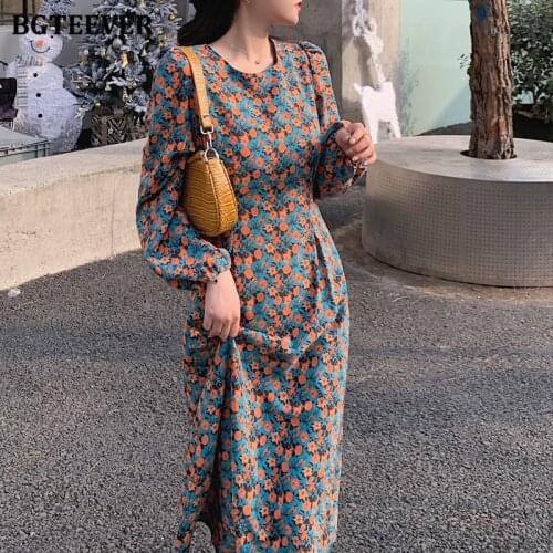 BGTEEVER Elegant Floral Print O-neck Women Dress Full Sleeve Lace-up A-line Vestidos 2021 Spring Slim Waist Female Midi Dress