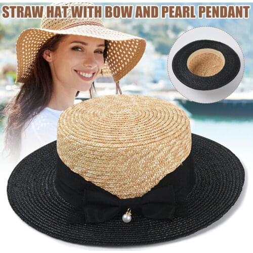 Women Straw Hat with Bowknot Decor Wide Brim Cap Breathable Flat Hat for Outdoor Beach Summer 56-58cm TT@88