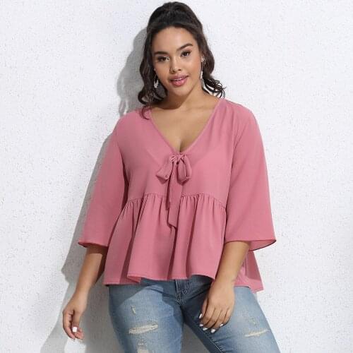 Women Large Size T-Shirt Fall Daily Home Wear Casual Solid Color V-Neck T-Shirt Half Sleeve Peplum Tops Blouses for T-Shirt