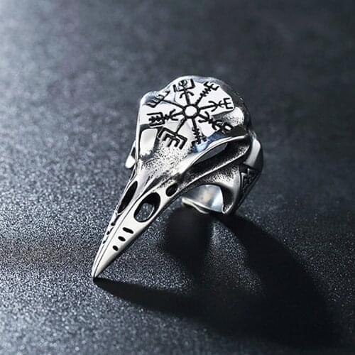 Gothic Crow Skull Mens Ring Stainless Steel Compass Rings For Men Viking Accessories Valknut Ring Totem Amulet Jewelry