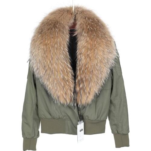Maomaokong Womens jacket 2020 new natural raccoon fur collar Jacket flight suit, short coat Slim coat, overcoming women