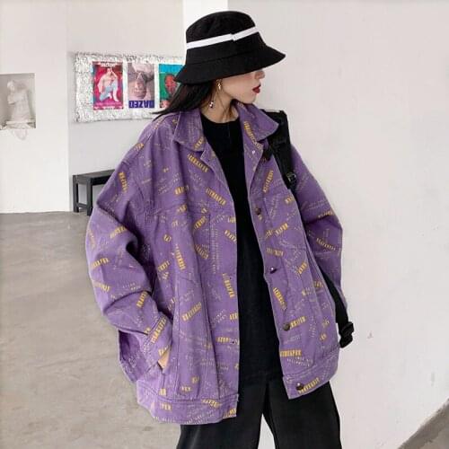 Streetwear Harajuku Denim Jacket Women Spring Autumn Hip Hop Vintage Print Oversized Loose Black Jeans 2021 Outwear Female M761