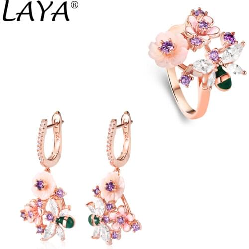Laya 925 Sterling SilverHigh Quality Zircon Natural Shell Flower Butterfly Enamel Ring Earrings For Women Trendy Jewelry