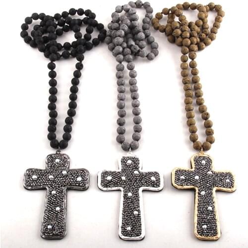 Fashion Bohemian Tribal Jewelry Lava Stone Long Knotted Paved Pearl decoration Cross Necklaces